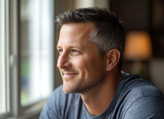 Wall Mural - Close-up portrait of a handsome, smiling man with short hair and a beard, looking to the side with a window in the background. 