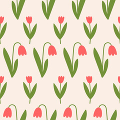 Poster - Seamless pattern with random tulip flowers on a beige background. Cute floral minimal print. Vector illustration