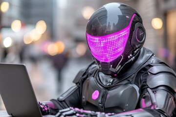 Poster - A cyberpunk cyborg is working on his laptop in the dark and rainy city, the helmet of which reflects neon lights. He has mechanical arms with many buttons and wires, and there's an electronic