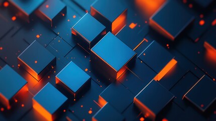 Poster - Abstract blue cubes glow orange, digital background, technology concept, website banner