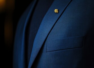 Canvas Print - Close-up of the lapel pin on an elegant blue suit jacket worn by a handsome man with a beard, macro photography, high-resolution camera, isolated on a black background,