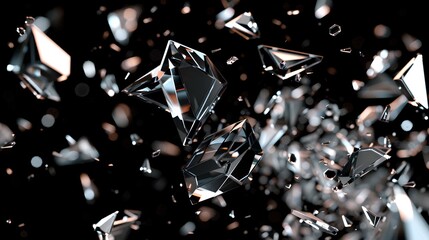 Poster - abstract glass shatters explosion on black background. Shattered crystal pieces flying in air with dynamic motion blur effect  