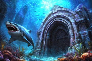 Poster - A massive, ancient temple at the bottom of an ocean with sharks swimming around it. The temple is made from smooth stone and has arched doorways. There's abundant coral growing on its walls,