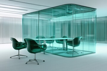 Poster - a photo of an office space devoid of people featuring transparent walls made of glass and several ch