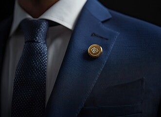 Canvas Print - Close-up of the lapel pin on an elegant blue suit jacket worn by a handsome man with a beard, macro photography, high-resolution camera, isolated on a black background,