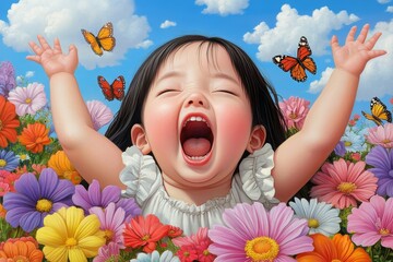Poster - A painting of an Asian girl with her arms outstretched, laughing joyfully in the midst of colorful flowers and butterflies. The background is filled with vibrant colors, creating a lively atmosphere