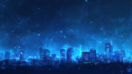 Poster - Futuristic city skyline at night, digital connections