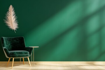 Aufkleber - A photograph of an empty, dark green wall with a velvet armchair and a small side table, taken from the front. The room is bathed in natural light, creating soft shadows on the wall. A single
