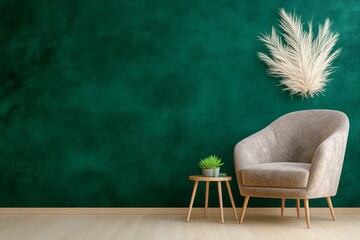 Poster - A photograph of an empty, dark green wall with a velvet armchair and a small side table, taken from the front. The room is bathed in natural light, creating soft shadows on the wall. A single