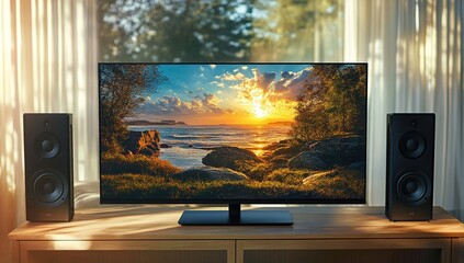 Aufkleber - Coastal Sunset Displayed on Modern Television with Black Speakers