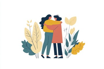 Poster - Two women sharing a warm hug surrounded by vibrant leaves in a colorful illustration set in a natural environment. Generative AI