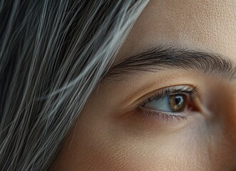 Wall Mural - Close-up of a woman's head with gray hair, focused on the forehead. The beautiful girl's dark brown hair is turning silver and gray due to age and stress. 