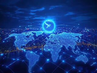Poster - Global Network: Illuminated World Map Over Night Cityscape