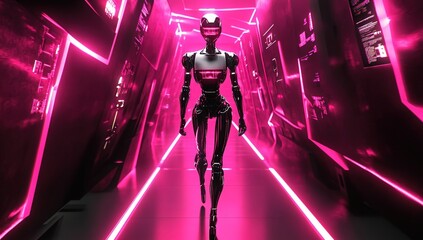 Poster - Female Robot Walking Through a Neon Pink Corridor