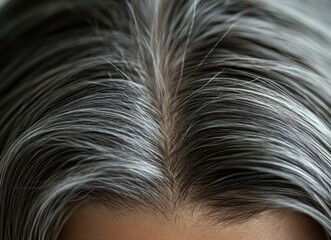 Wall Mural - Close-up of a woman's head with gray hair, focused on the forehead. The beautiful girl's dark brown hair is turning silver and gray due to age and stress. 