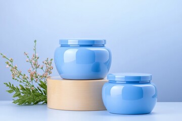 Poster - A set of beige and blue cosmetic jars on pedestals against the background, a minimalist style with soft lighting. The packaging design for beauty products in pastel colors is minimalistic and