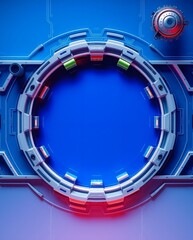 Aufkleber - a futuristic machine design. A circular portal with intricate details and glowing lights, with blue background