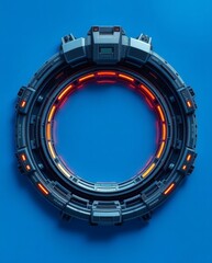 Aufkleber - a futuristic circular technological device with a glowing orange interior set against a solid blue backdrop. The device has a complex, mechanical appearance.