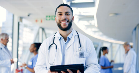 Aufkleber - portrait, smile and man with a tablet, doctor and research with website information, search internet