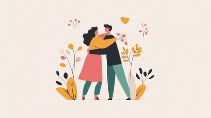 Poster - Loving couple embracing amidst colorful flowers in a warm and cheerful environment. Generative AI