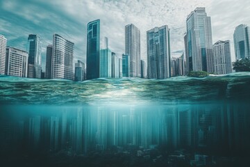Poster - A photo showcasing a futuristic cityscape with numerous tall buildings depicting the urban landscape of the future Futuristic abstract underwater cityscape .