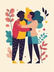 Poster - Joyful embrace between two diverse friends in a colorful, artistic setting featuring plants and abstract shapes. Generative AI