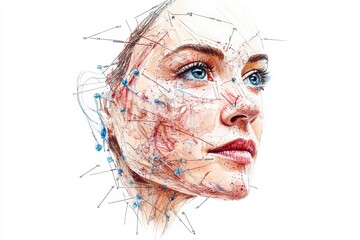 Aufkleber - Detailed medical illustration highlighting Botox injection points on a female face with anatomical features marked for clarity. Generative AI