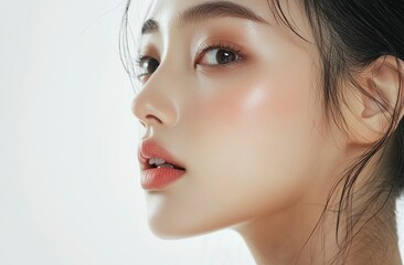 Canvas Print - Close-up of a beautiful Asian woman with clean, healthy skin on a white background. This beauty portrait showcases her perfect face and neck, embodying a minimalist aesthetic. 