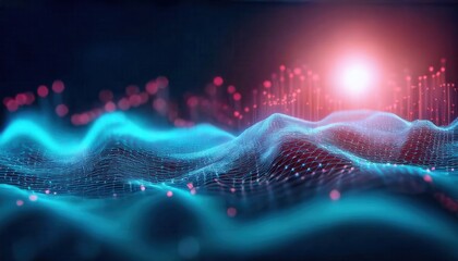 Leinwandbilder - futuristic digital landscape with glowing blue wireframe terrain and red data points, abstract artificial intelligence concept

