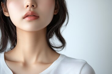 Canvas Print - Close-up of a beautiful Asian woman with clean, fresh skin on a white background. Portrait close-up of the face and neck of a young female model after makeup, isolated on a transparent background. 