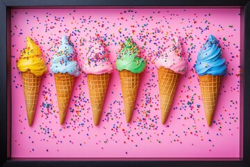 Poster - A photo showcasing a pink background adorned with colorful ice cream cones and sprinkles Birthday background framed with cartoonish icecream cones .