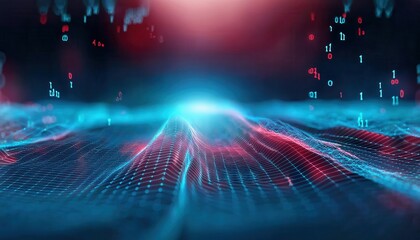 Leinwandbilder - futuristic digital landscape with glowing blue wireframe terrain and red data points, abstract artificial intelligence concept

