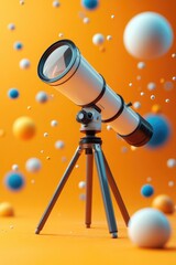 Wall Mural - a white telescope stands on a tripod against an orange backdrop