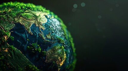 Poster - A stylized, 3D rendering of planet Earth with a green, mossy surface and glowing lights.