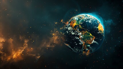 a digital rendering of planet earth with glowing lights and a nebula in the background.