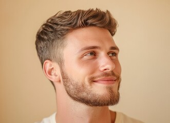 Wall Mural - Portrait of a handsome, smiling man looking away, with a light beige background and blurred face. This is the winning stock photo for a text contest, 