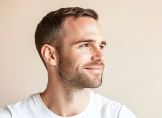 Wall Mural - Portrait of a handsome, smiling man looking away, with a light beige background and blurred face. This is the winning stock photo for a text contest, 