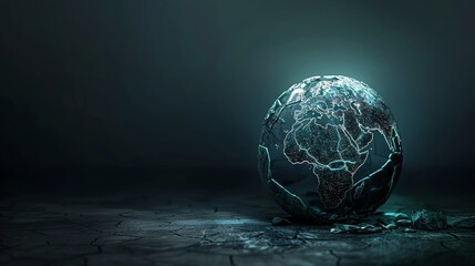 Poster - A glowing blue and green globe rests on a cracked, dark surface, with a dark background.
