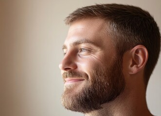 Wall Mural - Portrait of a handsome, smiling man looking away, with a light beige background and blurred face. This is the winning stock photo for a text contest, 