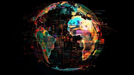 Poster - A digital representation of Earth with colorful data streams and lines.