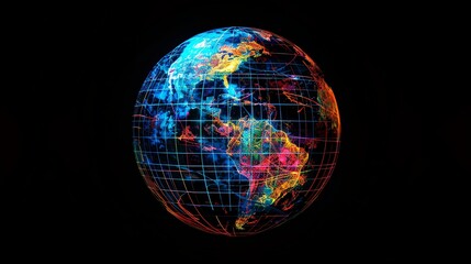 Poster - A glowing, colorful globe with grid lines on a black background.