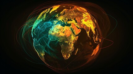 Poster - A stylized digital globe with glowing lines of light on a black background.
