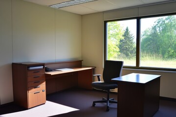 Poster - A photo showcasing a simple room with a functional desk comfortable chair and a large window providing natural light Empty business office with minimalistic furniture .