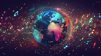 Poster - A colorful, stylized digital globe surrounded by musical notes, on a dark background.