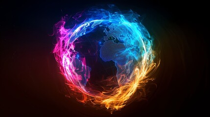 Poster - An abstract rendering of a glowing blue and orange globe with flames.