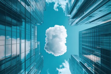 Poster - A photo showcasing a singular cloud suspended in the center of a vivid blue sky A surreal representation of big data application in digital marketing .