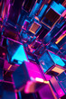 © Volodymyr - A dynamic 3D abstract background with an intricate arrangement of luminous cubes, shifting positions in a synchronized, fluid motion. The glowing neon reflections and digital textures create a