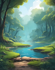 Poster - a serene river winding its way through a lush forest, trees and foliage frame the tranquil water and blue sky. the scene is bathed in soft light.