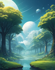Poster - a serene landscape of a river winding through a lush green forest. The river reflects the sunlight and sky