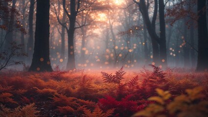 Wall Mural - misty autumn forest with colorful ferns and soft sunlight filtering through trees at dawn